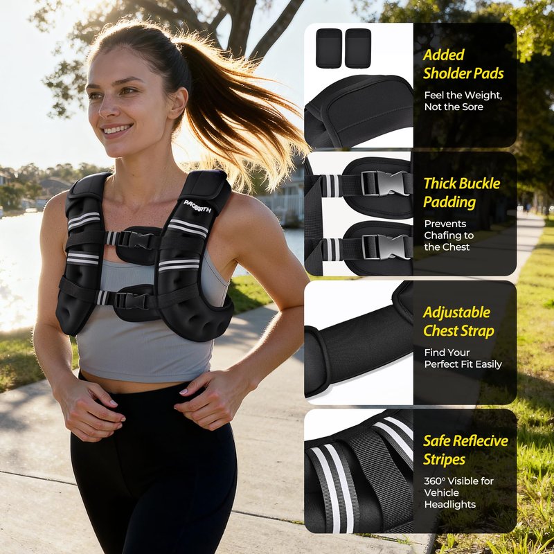 PACEARTH Weighted Vest, 6lb/12lb/16lb/20lb/25lb/30lb Weight Vest with Reflective Stripe, Body Weight Vests Adjustable for Men, Women Workout, Strength Training, Running, Walking, Jogging
