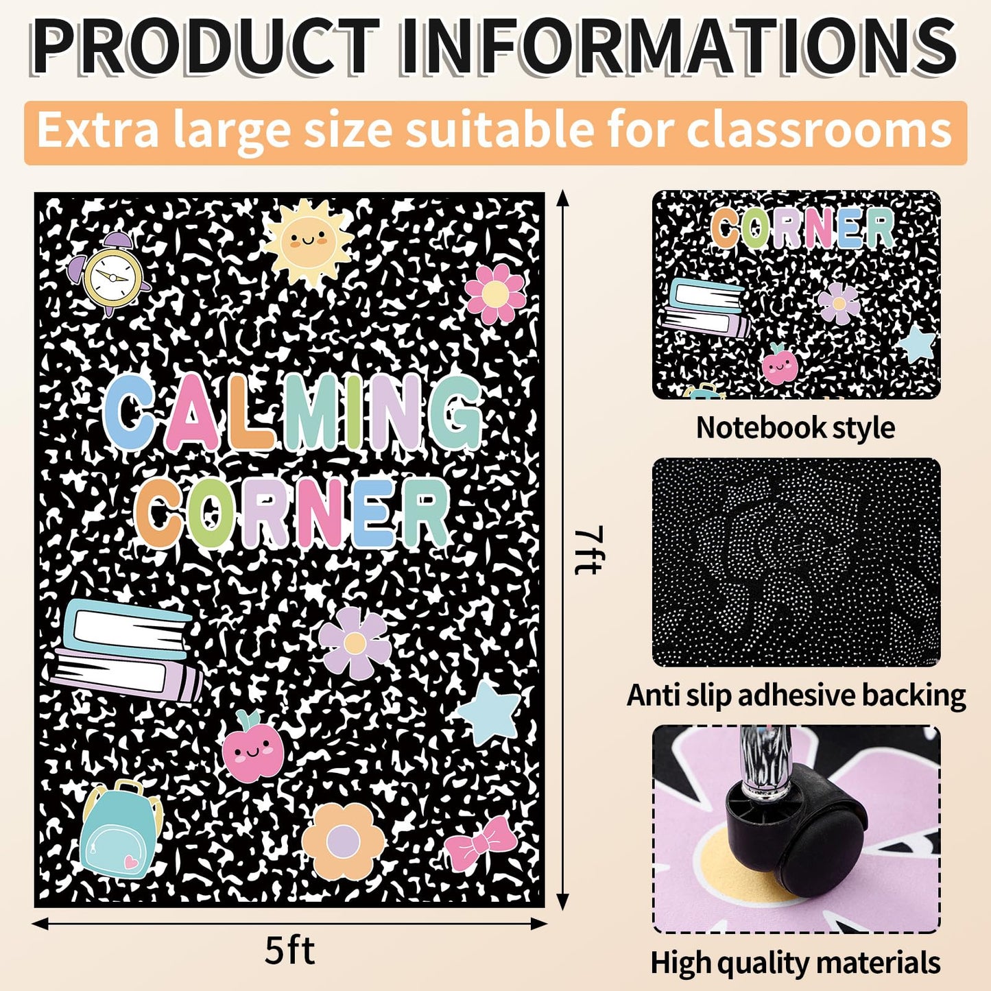 Maasechs 7x5 ft Calming Corner Classroom Rug Composition Notebook Classroom Schoolgirl Corner Items Rug Emotion Mental Health Soft Fluffy Carpet Floor Mat for Nursery Homeschool Playroom Elementary