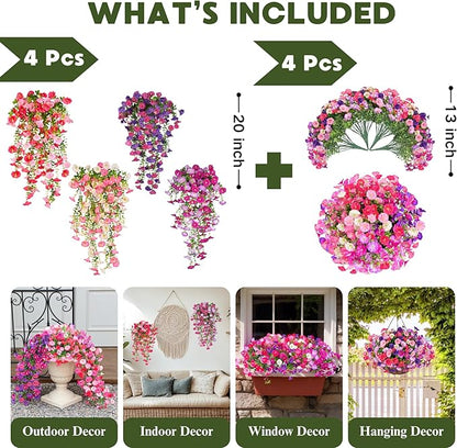 7 Color Mix Artificial Hanging Flowers for outdoor, 8 Pcs Fake Silk Petunias Plants Arrangement, for Spring Summer Outdoor Decoration, UV Resistant, Morning Glorias,for Home Garden Decor (PinkPurple)