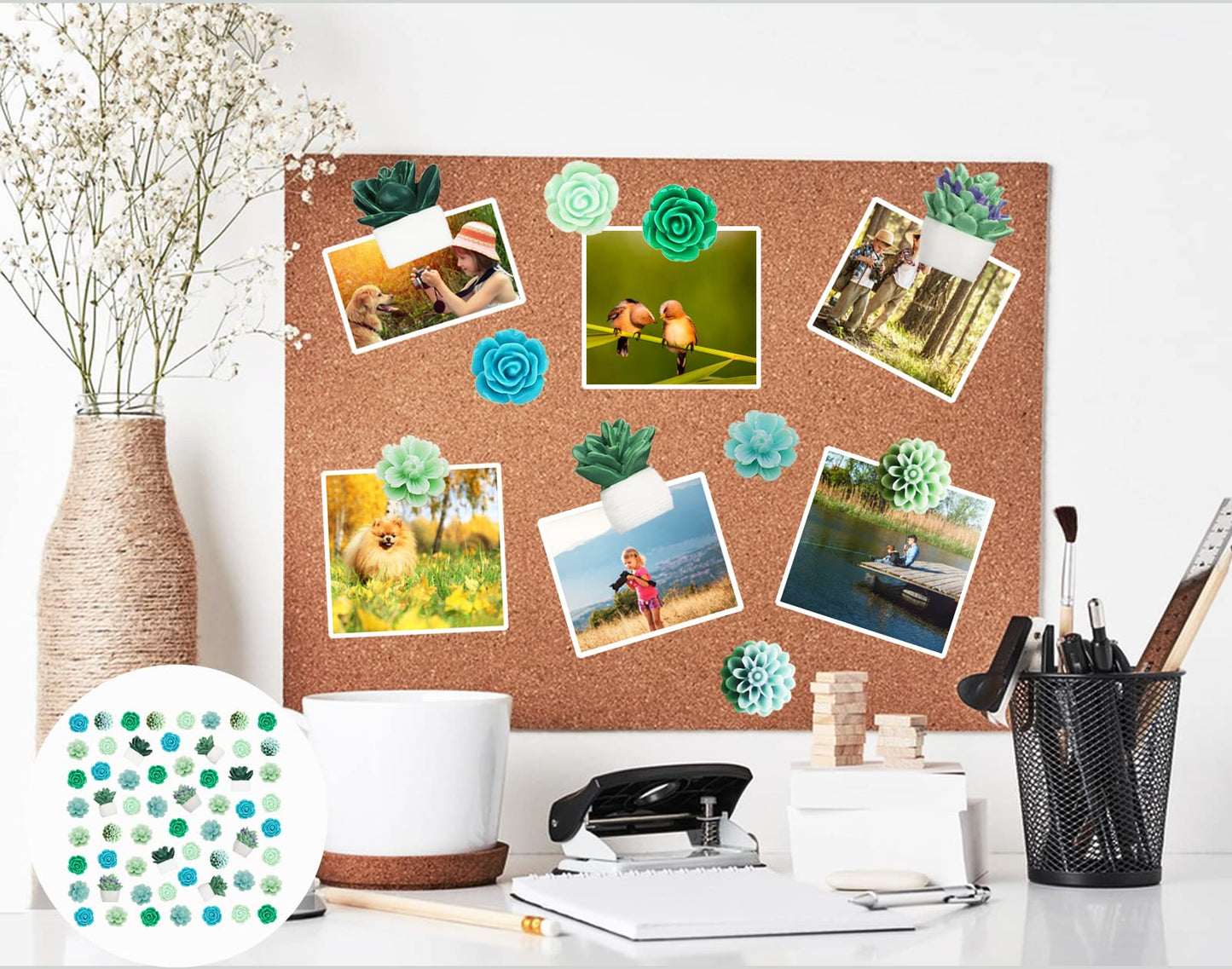 60 PCS Decorative Push Pins Set, Succulent Plants & Flowers Rose Thumb Tack Decorative Cute Push pins for Cork Board Bulletin Board Maps Photos Wall Home Office Classroom Decoration