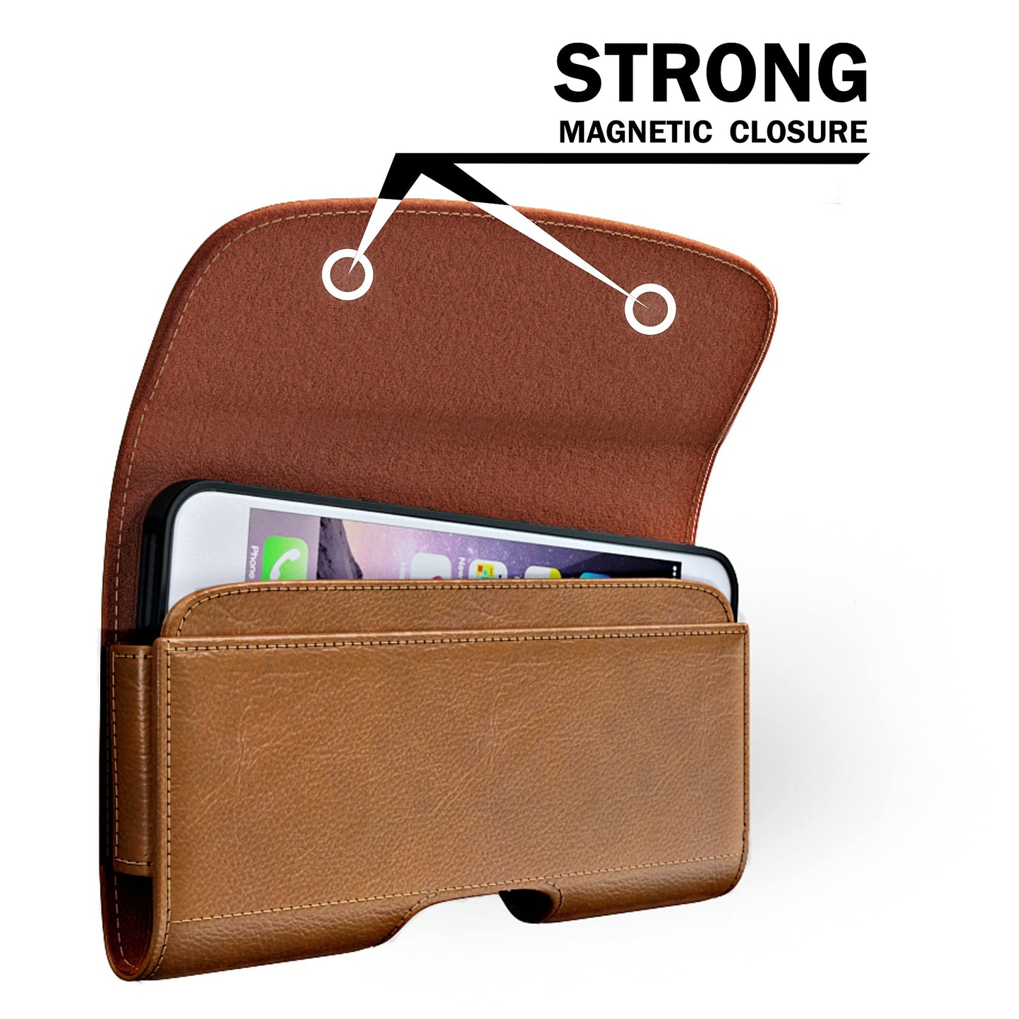 PiTau Holster for iPhone 16, 16 Pro, 15, 14, 13, 12, Xs, X, 11, XR - Premium Cell Phone Case with Belt Clip [Magnetic Closure] ID Card Holder Pouch (Fits Otterbox Case) Brown