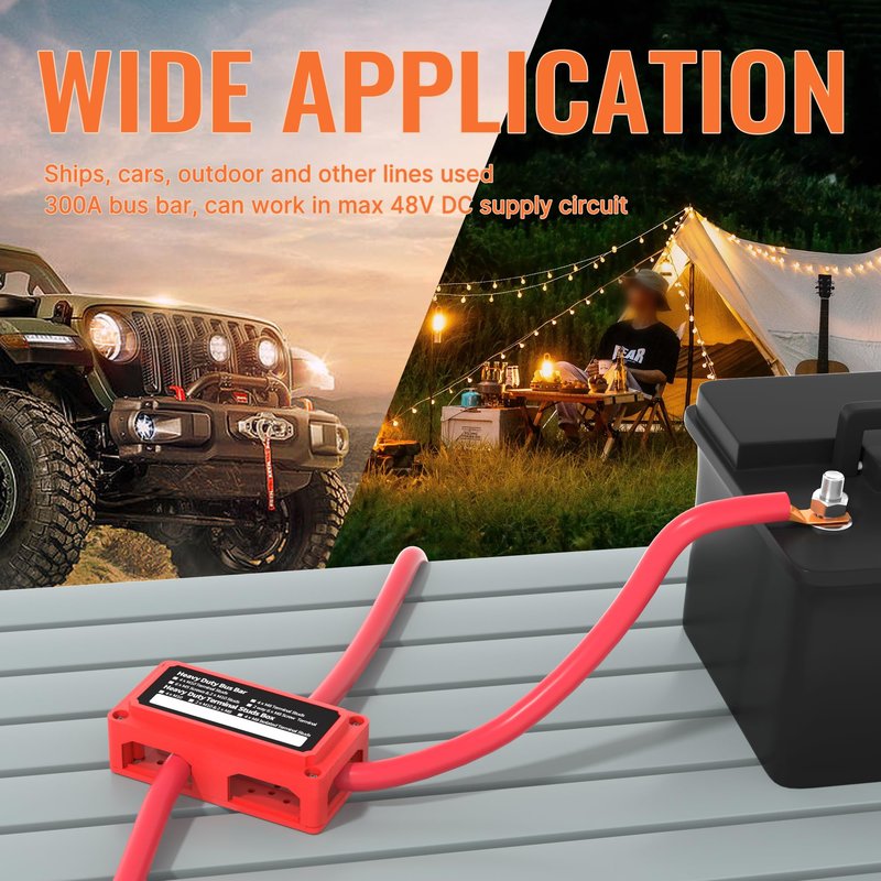 Joinfworld 300A Bus Bar 12V DC Waterproof Power Distribution Block with 4 x 3/8" Studs, Heavy Duty Marine Battery Bus Bar Terminal Block 12 Volt for Automotive, Car, Solar Wiring - Positive&Negative