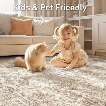Micgeek Area Rug Living Room - 9X12 Abstract Washable Large Soft Foldable Non Slip Rug Neutral Modern Low Pile Carpet for Bedroom Nursery Dining Room Farmhouse Home Office Indoor - Brown
