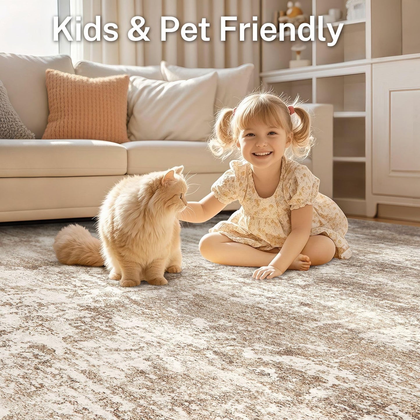 Micgeek Area Rug Living Room - 5X7 Abstract Washable Large Soft Foldable Non Slip Rug Neutral Modern Low Pile Carpet for Bedroom Nursery Dining Room Kitchen Home Office Indoor - Brown