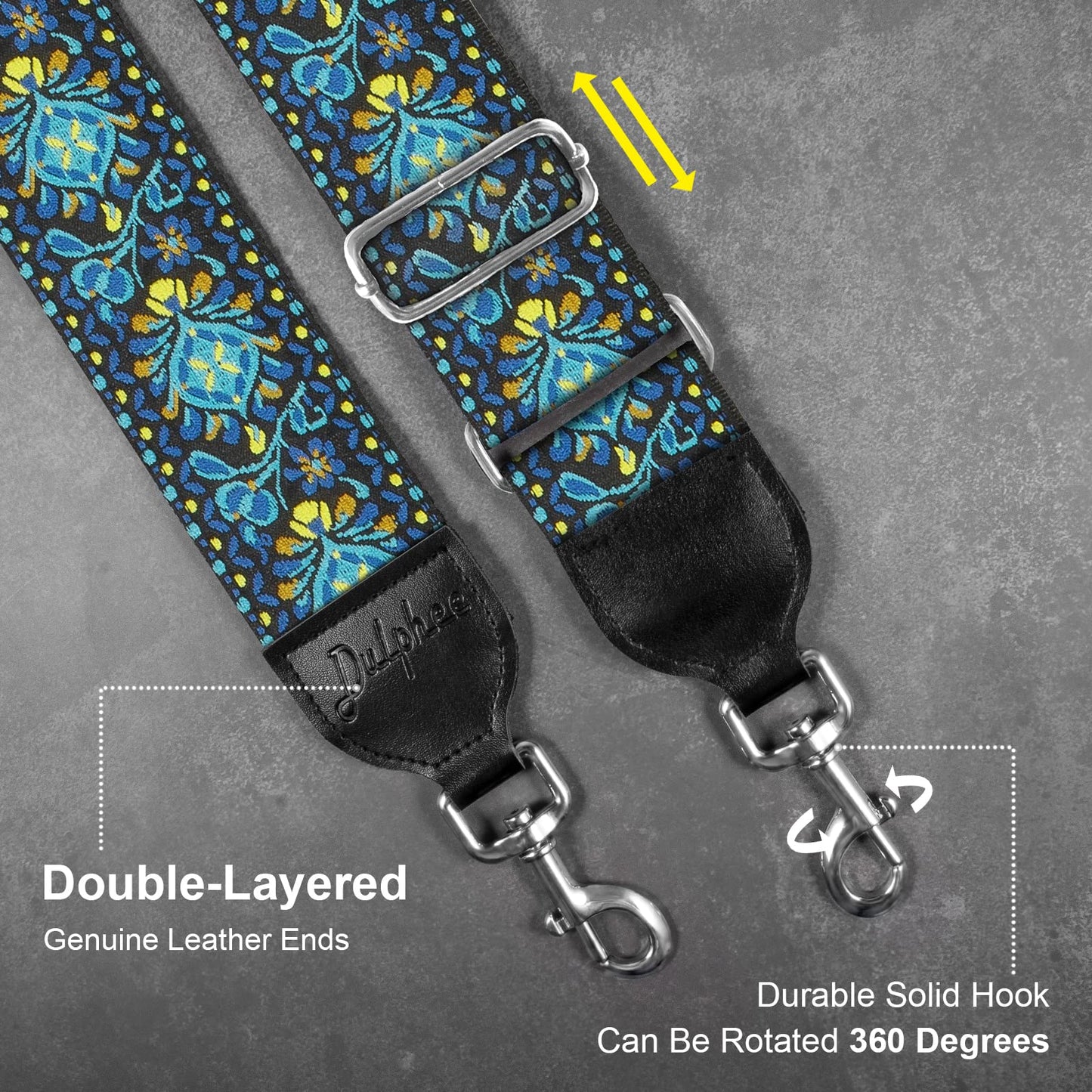 Dulphee Purse Strap, Jacquard Embroidered 2" Wide Soft Cotton & Leather Ends Purse Straps Replacement Crossbody Bag Straps (Jacquard Teal Blue)