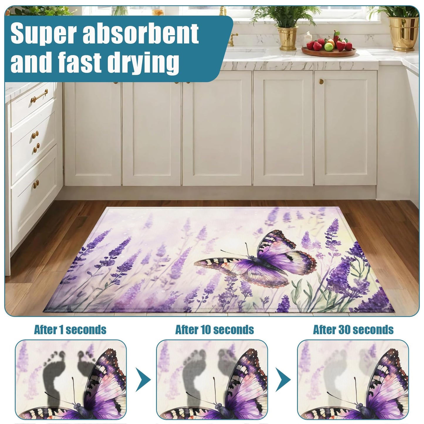 Purple Butterfly Lavender Indoor Door Mat, Outdoor Entrance Doormat for Entryway Kitchen Bathroom 17 X 29 Inch