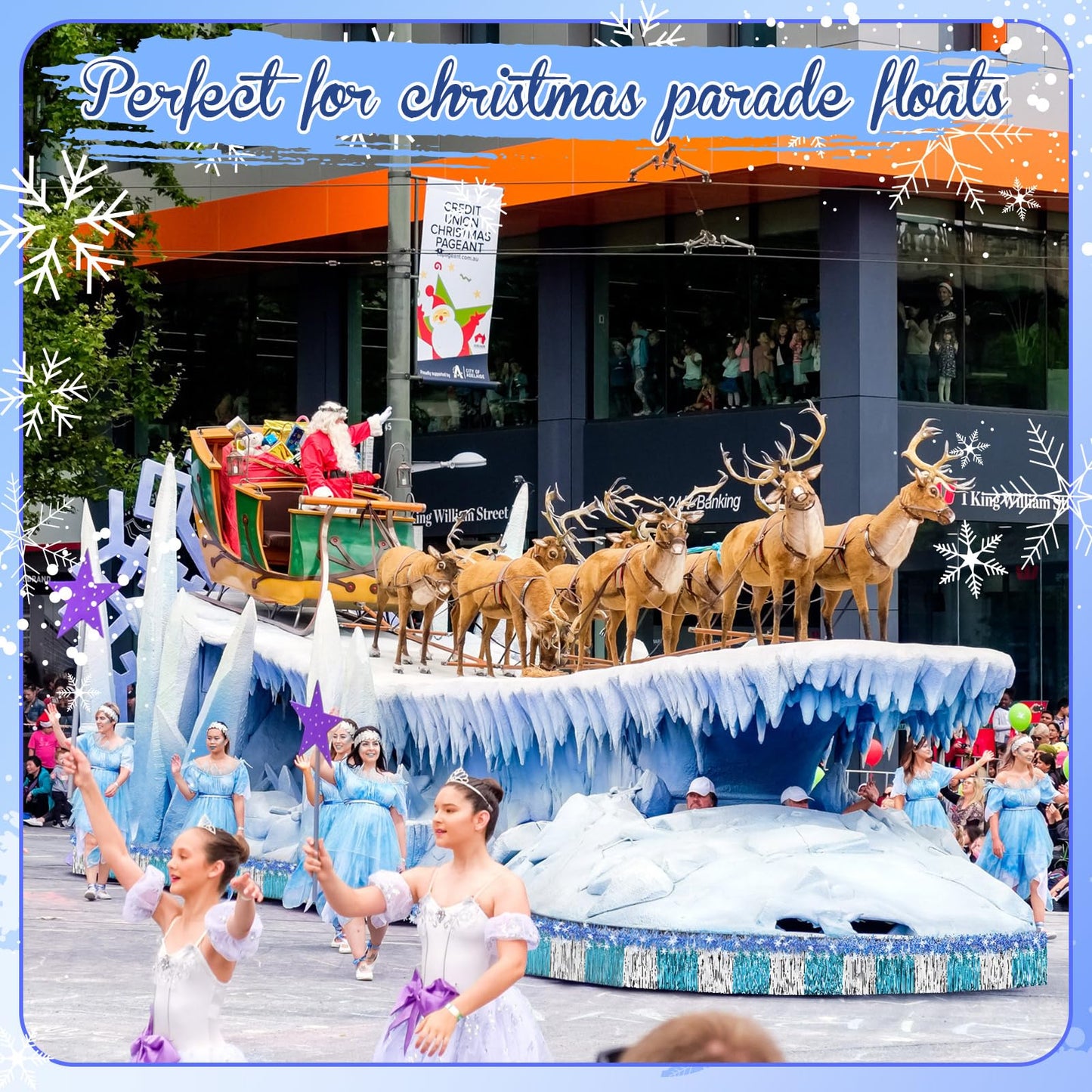 Crowye Christmas Parade Float Decorations Kit Included 9.85 feet Metallic Foil Fringe Curtains 9.85 ft Tinsel Garlands for Christmas Trailer Party Holiday(Blue, Silver,157.48 ft,Snowflake)