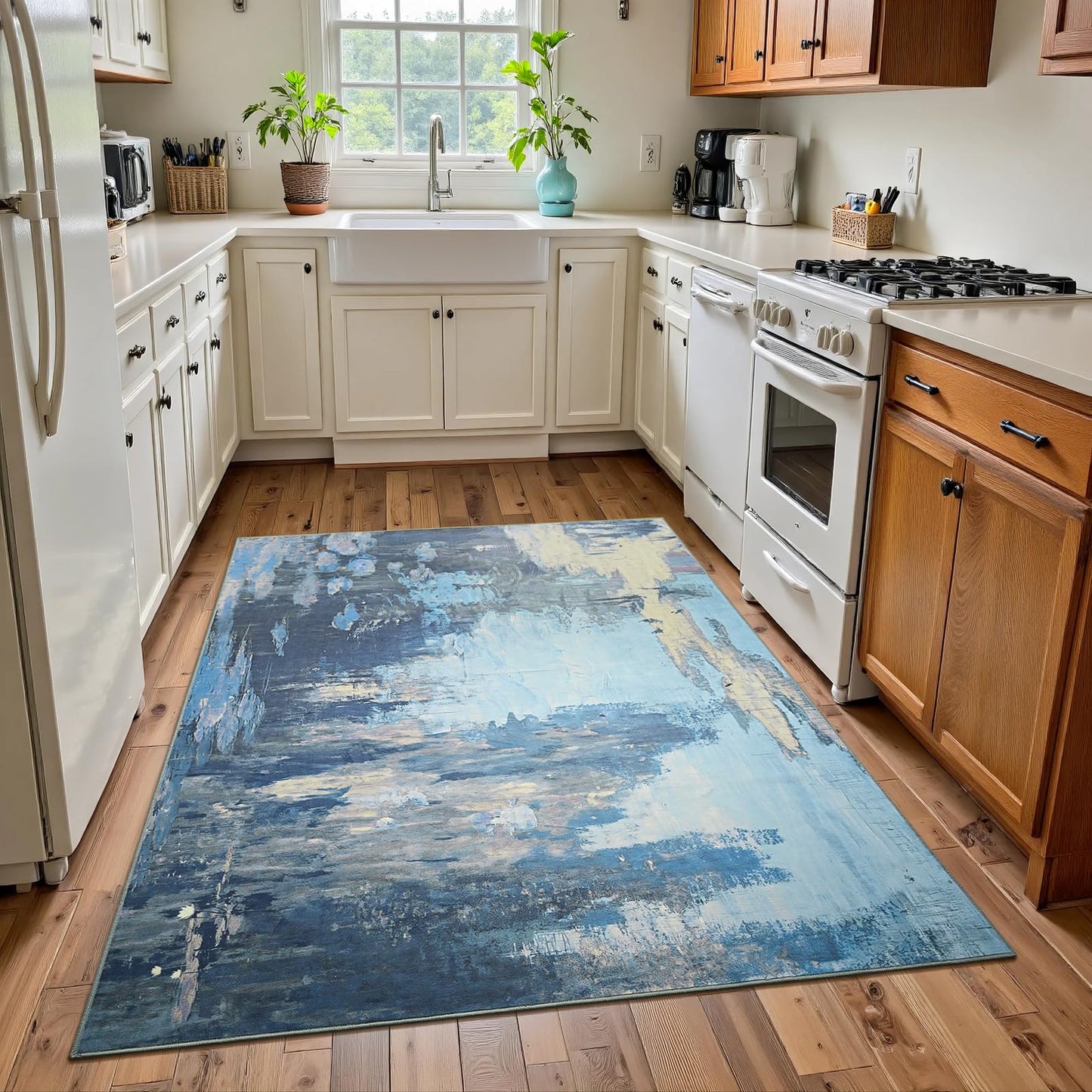 ULTSOFE 4x6 Blue Area Rugs for Bedroom Bedside, Washable Rug for Kitchen, Living Room, Laundry, Bathroom, Entrance, Office, Non-Slip Modern Abstract Faux Wool Low Pile Entrayway Rug Large Carpets