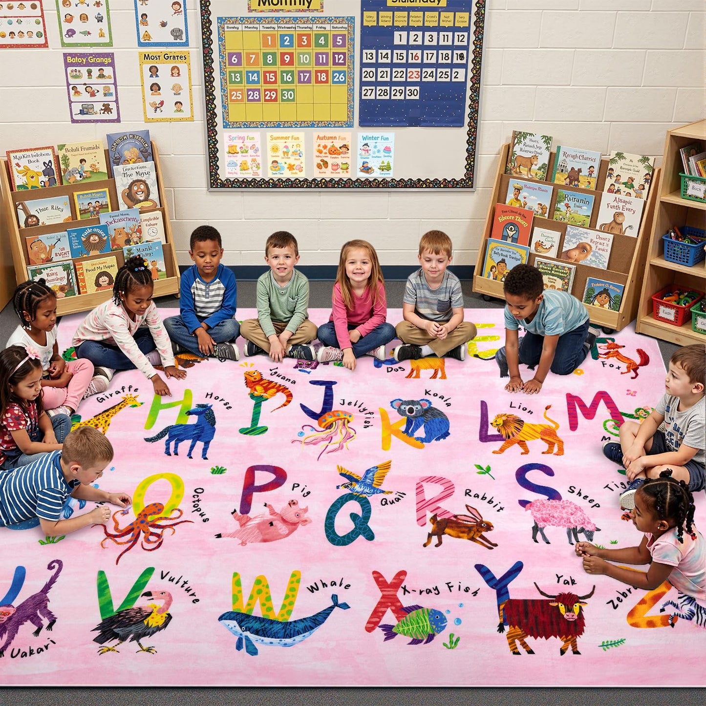 Rogara 5x7 ABC Classroom Rug for Kids Playroom, Alphabet Rug with 26 Animals, Non-Slip Washable Kids Carpet, Educational Preschool Play Mat for Daycare, Nursery, Toddler Bedroom