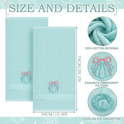 2 Pcs Shell Hand Towels Mint Blue Bathroom Decor 14x29 Inch Embroidered 100%