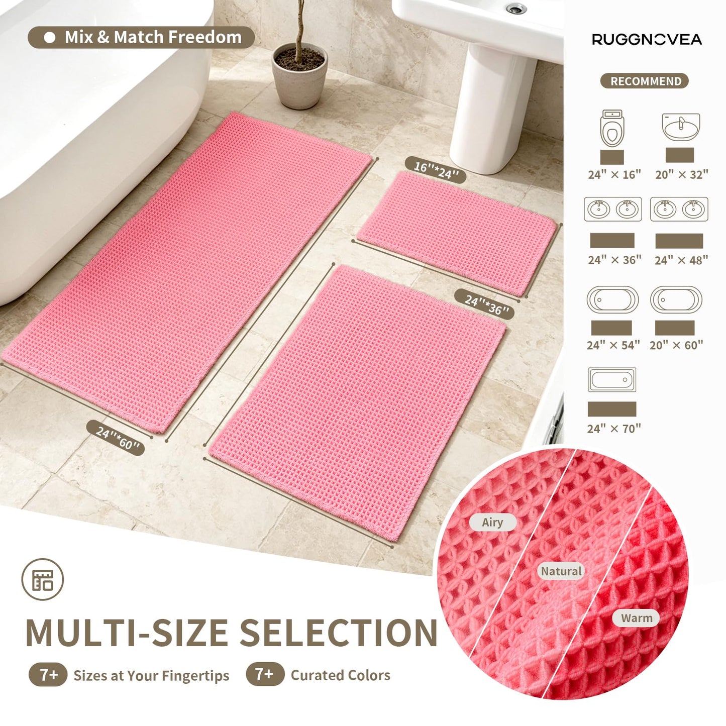Ruggnovea Waffle Bath Mat Non Slip Washable 32x20, Super Absorbent Quick Dry Boho Bathroom Rugs with Tassels, High Density Non Slip Backing, Luxury Carpet for Tub&Shower, Pink