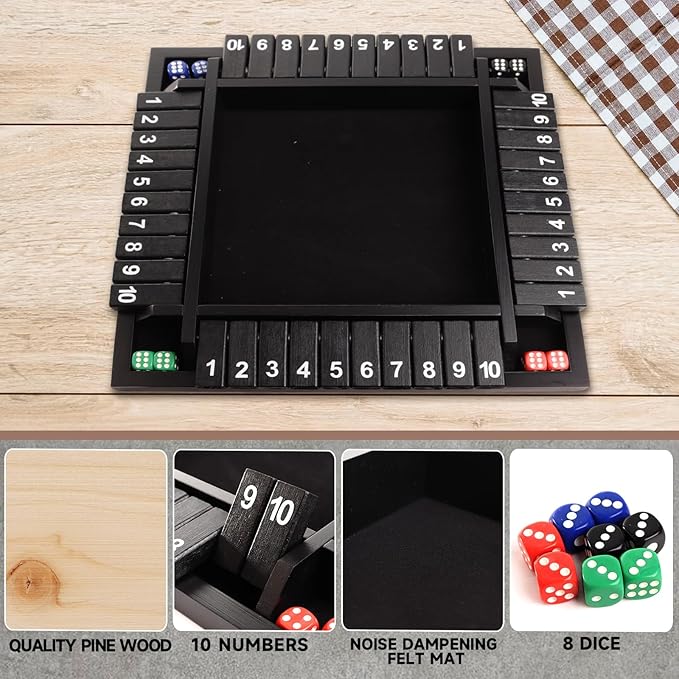 GSE Games &amp Sports Expert 1-4 Player Wooden Shut The Box Dice Board Game with 8 Dice. 4-Way 10 Numbered Shut The Box Set of Popular English Pub Board Game - Black