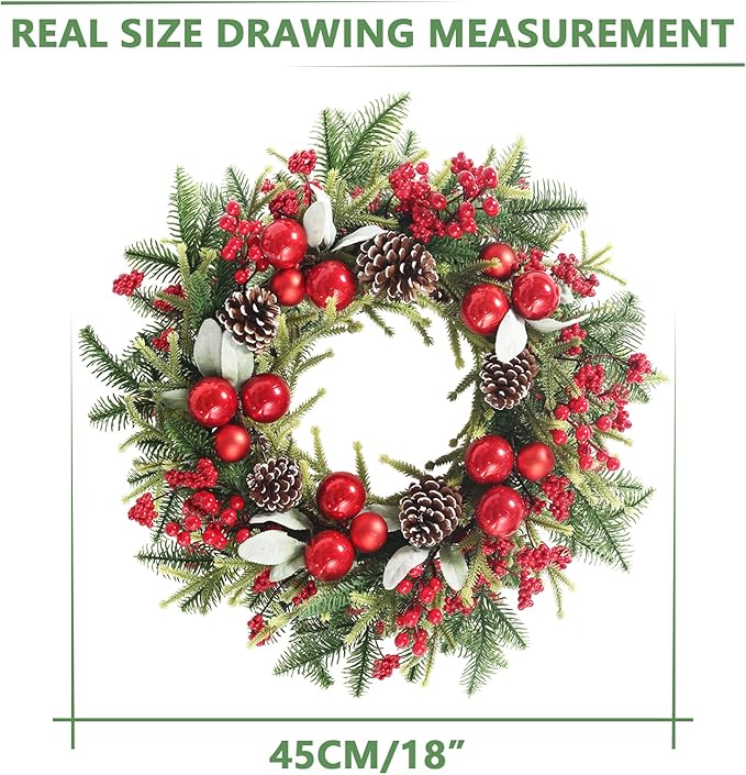 Super Holiday Artificial Christmas Wreath, Front Door Wreaths Decorations for Home, Party, Holiday, Thanksgiving, Xmas Decor - with Wreath Hanger, Green/Red