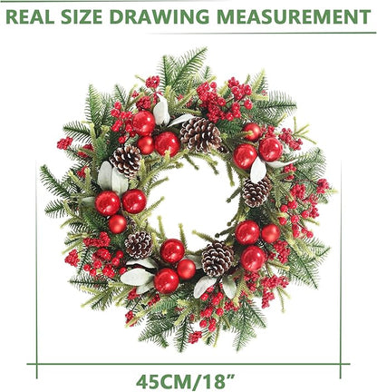 Super Holiday Artificial Christmas Wreath, Front Door Wreaths Decorations for Home, Party, Holiday, Thanksgiving, Xmas Decor - with Wreath Hanger, Green/Red