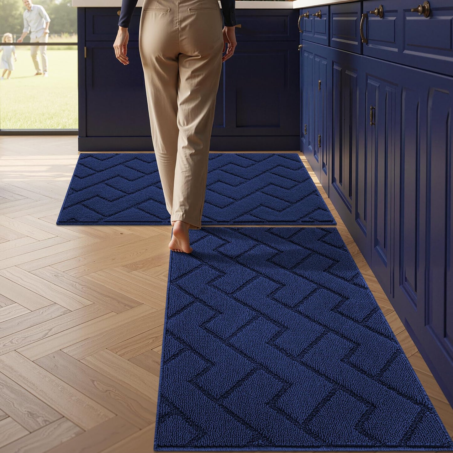 hicorfe Kitchen Runner Rugs and Mats Sets,2 Pieces Absorbent Non-Slip Kitchen Rug,Comfort Kitchen Mat for Floor,Washable for Kitchen,Hallway,Office,Sink,Laundry(24"x35"+24"x35",Navy Blue)
