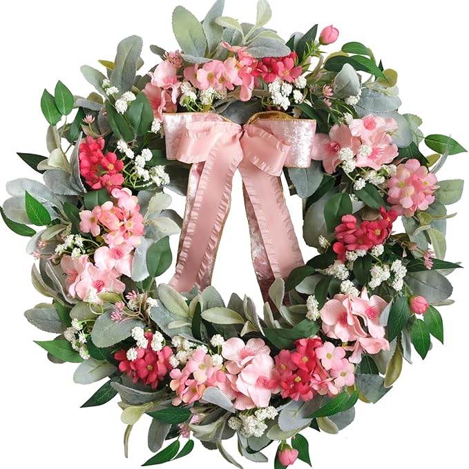 22” Summer Wreath with Hydrangea Lamb's Leaves, Summer Floral Wreaths with Ribbon Bow for Front Door Wall Window and Holiday Festival Party Banquet Wedding Decor