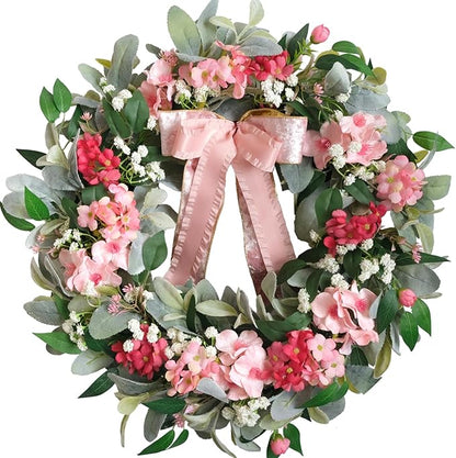 22” Summer Wreath with Hydrangea Lamb's Leaves, Summer Floral Wreaths with Ribbon Bow for Front Door Wall Window and Holiday Festival Party Banquet Wedding Decor