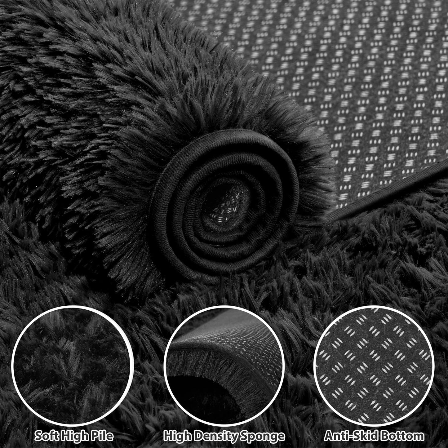 Area Rugs 9x12 Living Room Bedroom: Soft Fluffy Shag Rugs Upgrade Non-Slip High Pile Carpet Large Fuzzy Plush Indoor Floor Shaggy Carpets for Nursery Kid Playroom Office Dorms Home Decor Black