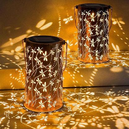 2 Pack Solar Lanterns Outdoor Waterproof Dragonfly Lantern Garden Decor Birthday Gifts for Women Mom Grandma Hanging Solar Lights Metal Decoration for Yard, Patio, Backyard, Porch