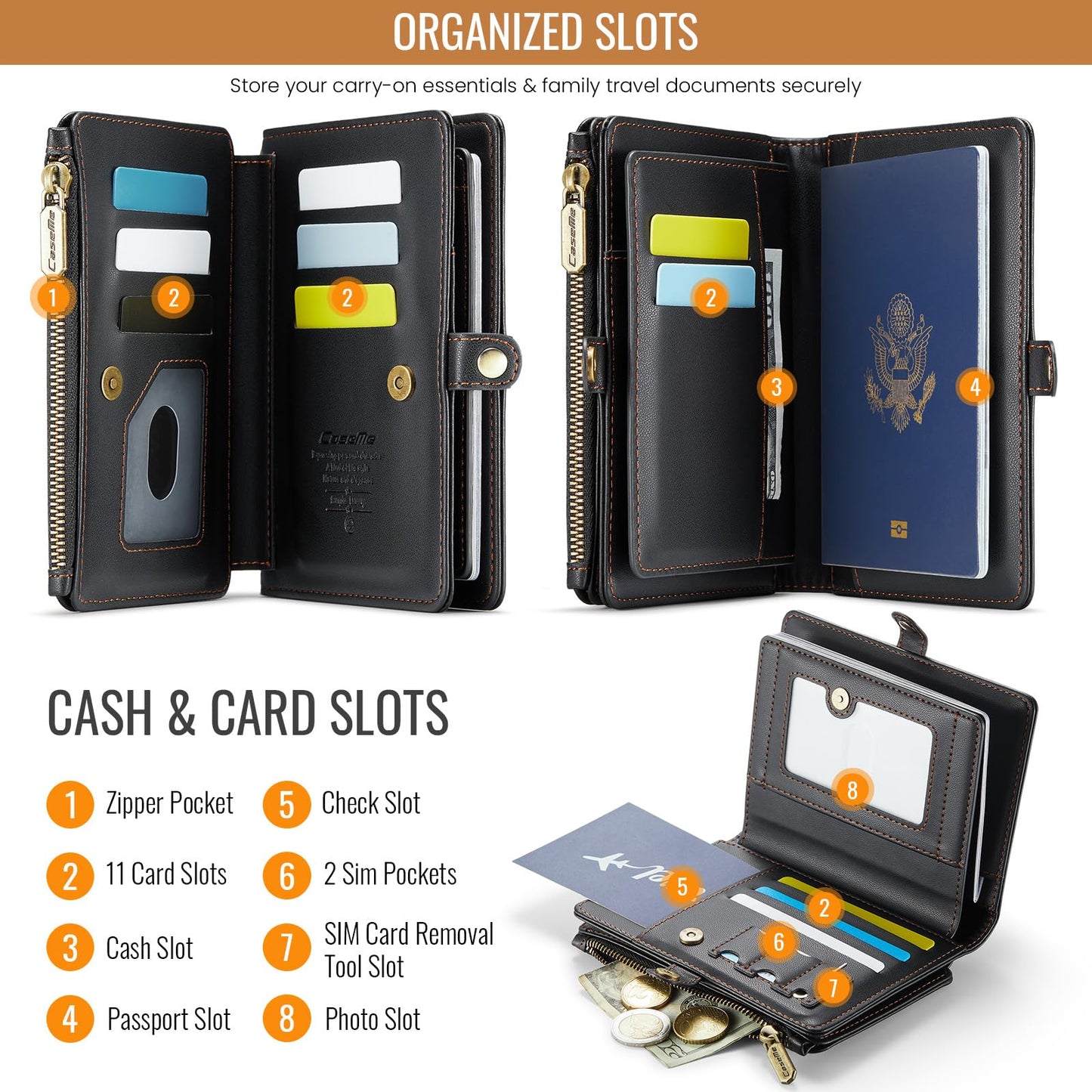 Passport Holder Wallet, 12 Card Slots RFID Blocking Travel Organizer, Zippered Coin Pocket & Detachable Wrist Strap Secure AMagnetic Closure Passport Case for Men & Women (Black)