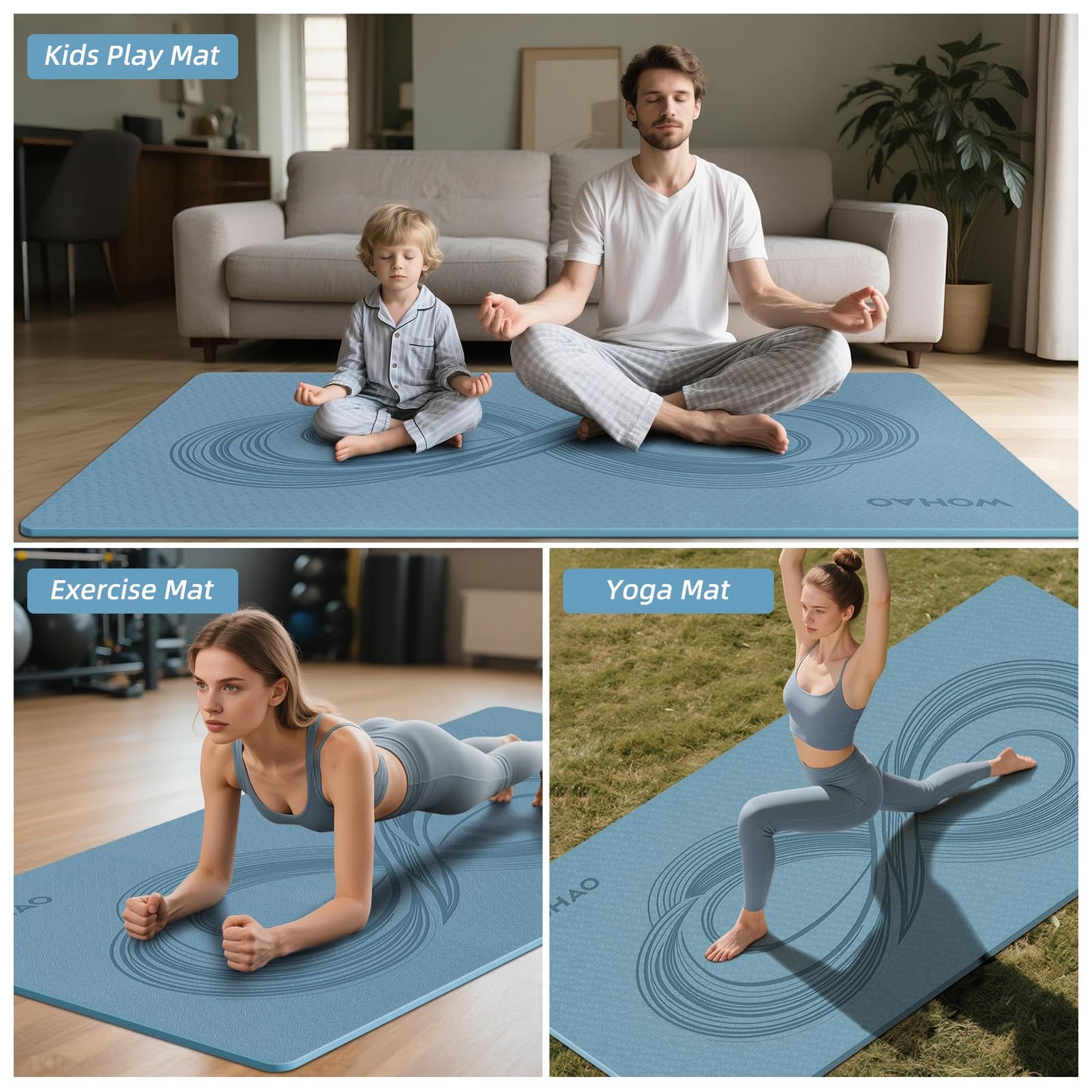 WOHAO Large 76"x40"x0.4" Yoga Mat - Extra Width & Thick Non-Slip Exercise Mat, Versatile for Stretching, Yoga Studio, Gym, Home & Indoor/Outdoor Workouts (Blue Grey)
