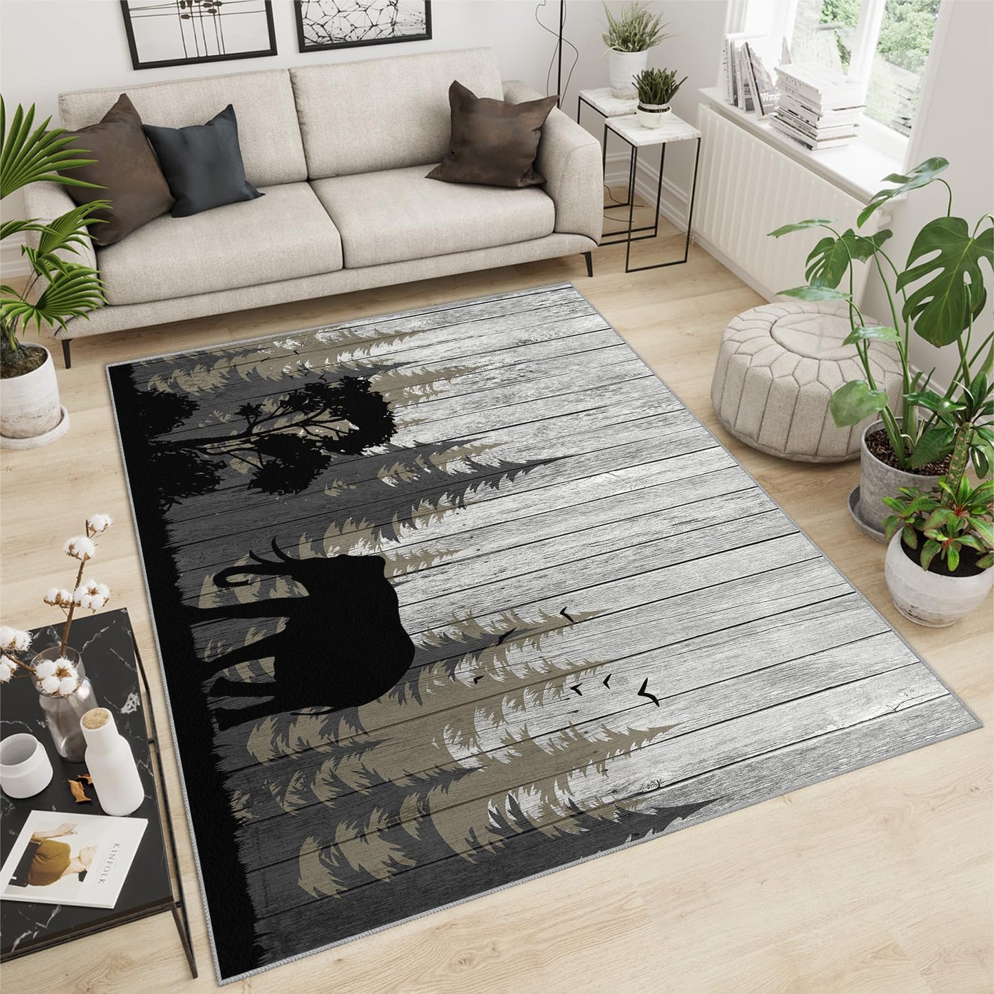 Retro Country Style Area Rug - 4' x 5' Wooden Board Animal Silhouettes Indoor Rug, Easy Care Machine Washable Large Carpet for Living Room Bedroom Dining Room Office