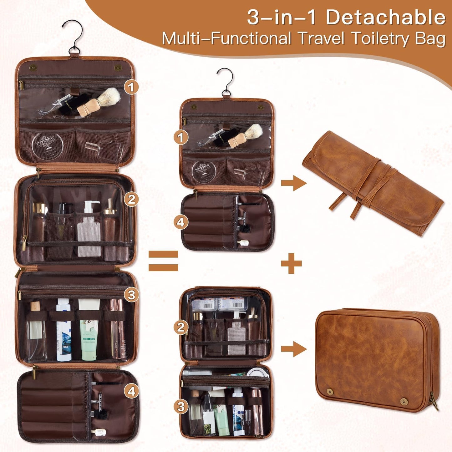 Aganmi Personalized 3-in-1 Hanging Toiletry Bag Fathers Day Birthday Gifts for Men Dad Husband, Custom Initial Large Waterproof PU Leather Dopp Kit Shaving Bag Travel Essential for Him Light Brown J