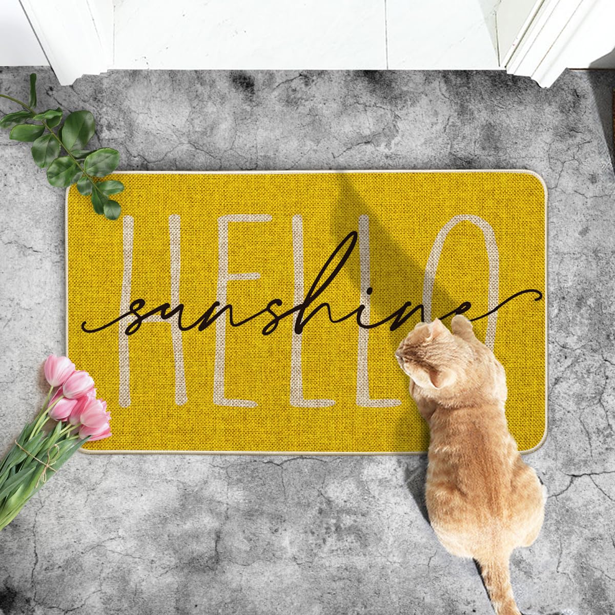 Artoid Mode Yellow Hello Sunshine Summer Decorative Doormat, Seasonal Spring Holiday Low-Profile Floor Mat Switch Mat for Indoor Outdoor 17 x 29 Inch