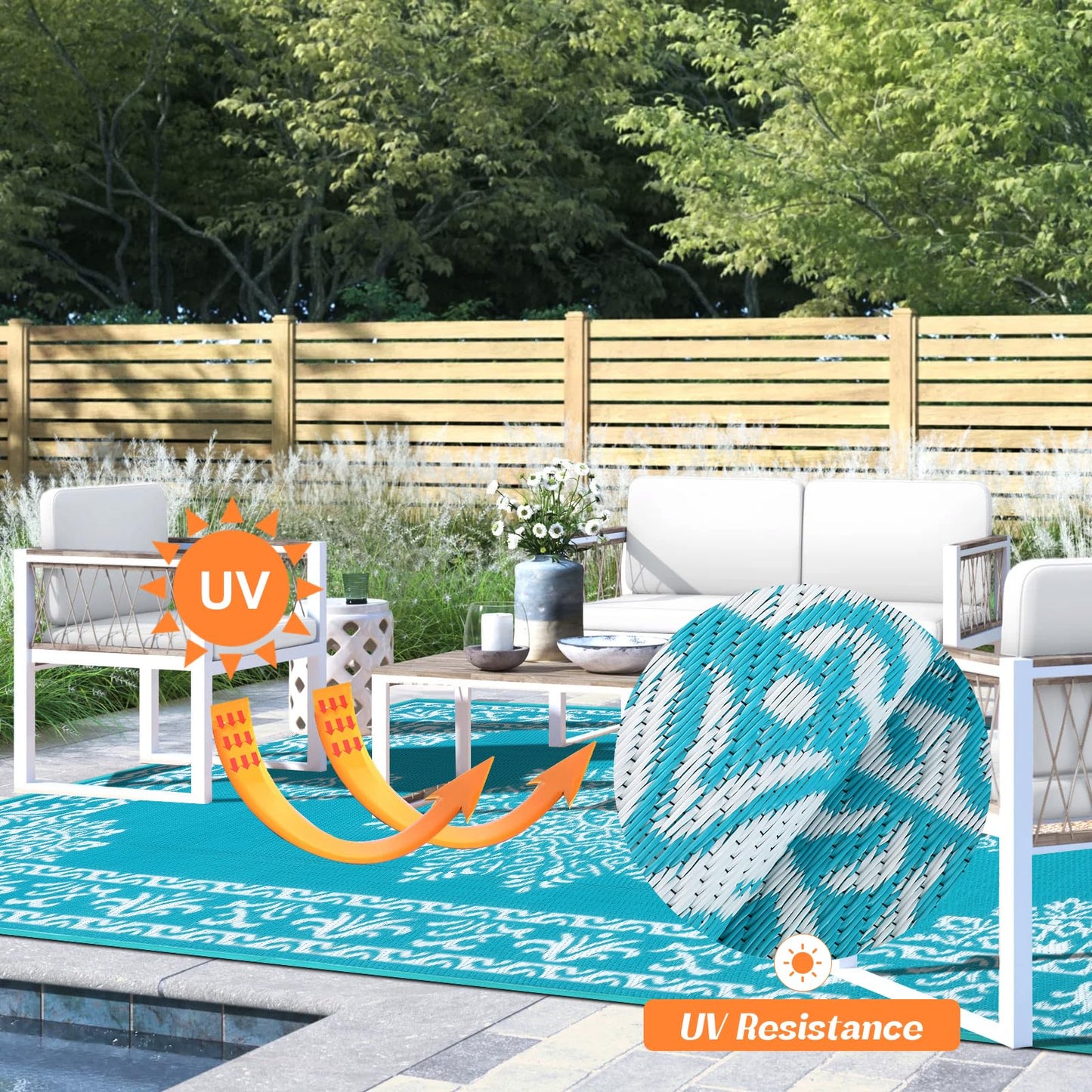 Yamaziot Outdoor Rug 8x10 Ft, Waterproof Plastic Straw Patio Rug, Reversible Backyard Carpet UV Resistant Portable RV Mat Clearance, Large Indoor Outdoor Rug for Patio, Porch, Deck, Balcony, Teal