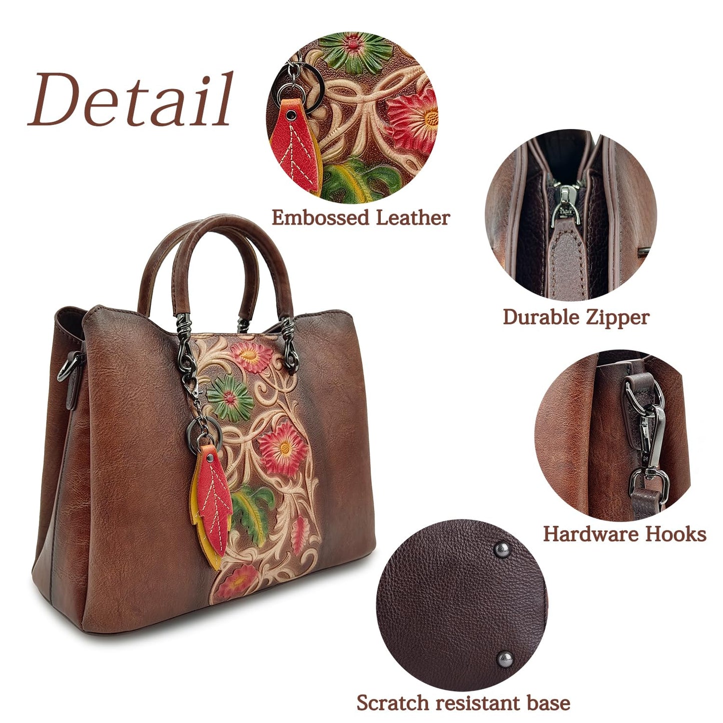 Genuine Leather Vintage Embossed Handbag for Women - Artisanal Cowhide Floral Crossbody Purse with Unique Craftsmanship (coffee)