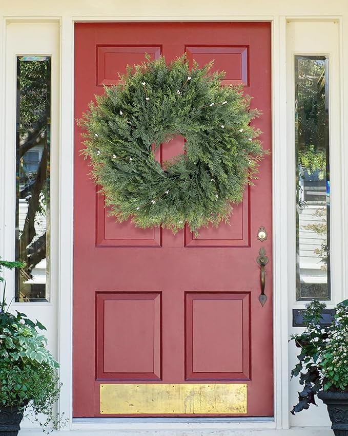 Home Decor Greenery Faux Cypress Plant, Large Front Door Wreath with 6PACK Artificial White Berry Fruit, 22inch Green Wild Wreath