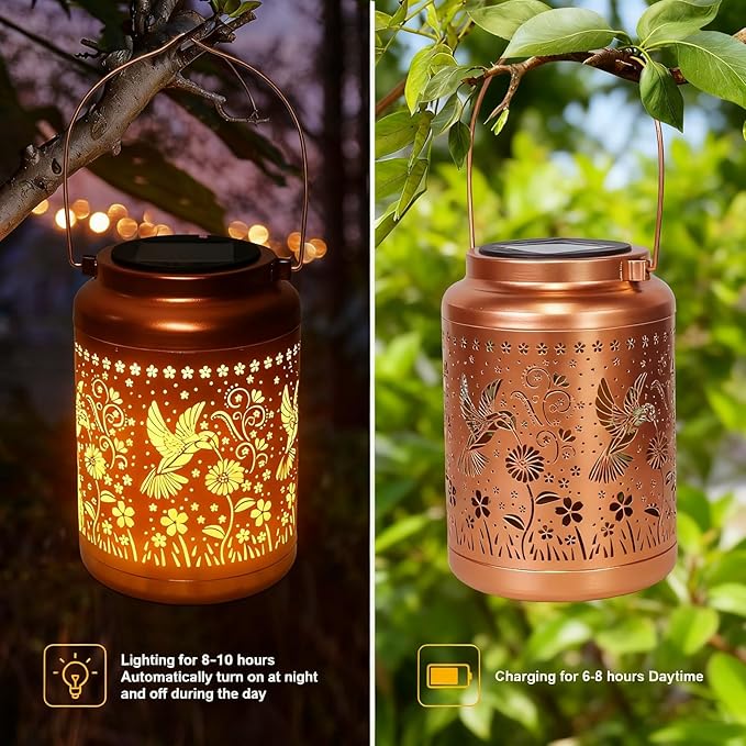 2 Pack Solar Lanterns Outdoor Garden Decor- Solar Lights Waterproof Hummingbird Decorative Gifts for Women Mom Grandma Hanging Metal Lights Gardening Gift for Outside for Yard, Patio, Backyard, Farm