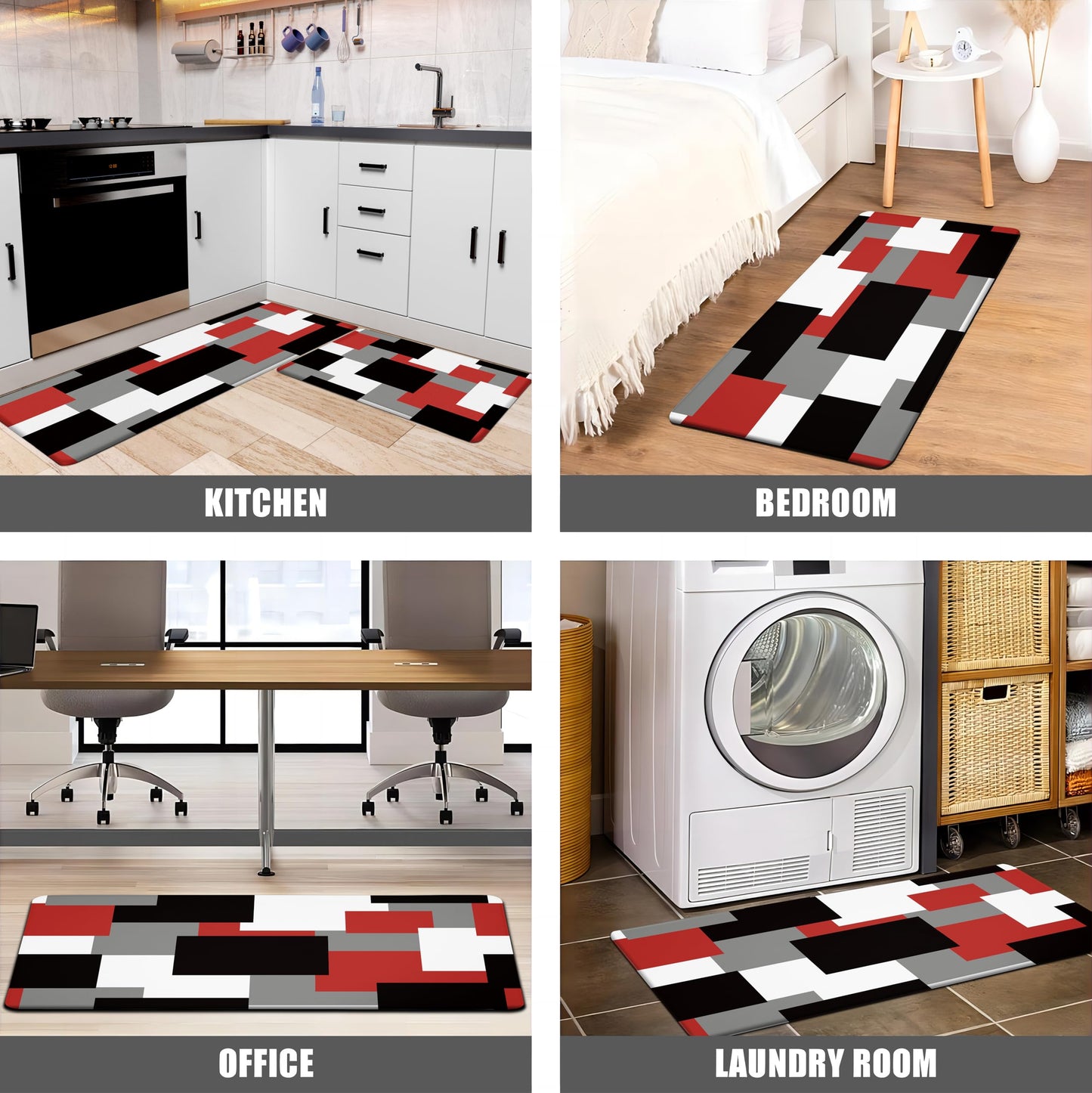Tyrot Red Black Kitchen Rugs Set of 2 Cushioned Anti Fatigue Kitchen Mats for Floor Non-Slip Waterproof Kitchen Floor Mats Geometric Ergonomic Cushioned Comfort Standing Mat for Laundry, Office, Sink