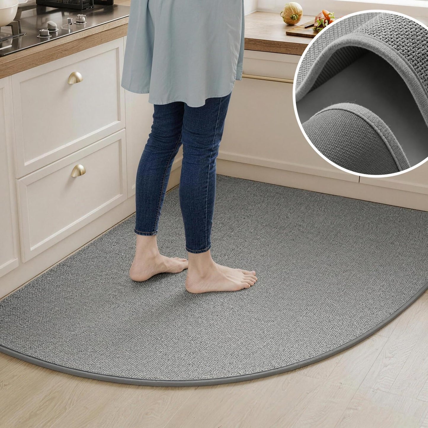 Ciuwuuhe Gray Corner Kitchen Rug, Quarter Circle Rug, Imitation Linen Braided Floor Mat with Rubber Back, Washable Rug for Kitchen Sink Area, Radius 39 Inch