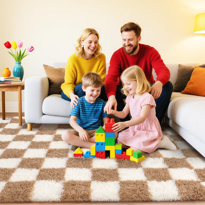 Quntue Rugs for Bedroom, 4x6 Fluffy Fuzzy Shag Checkered Area Rug for Living Room, Modern Plush Soft Upgrade Non-Slip Carpet for Kids Girls and Boys Room Dorm Nursery Home Decor, Cream and Beige