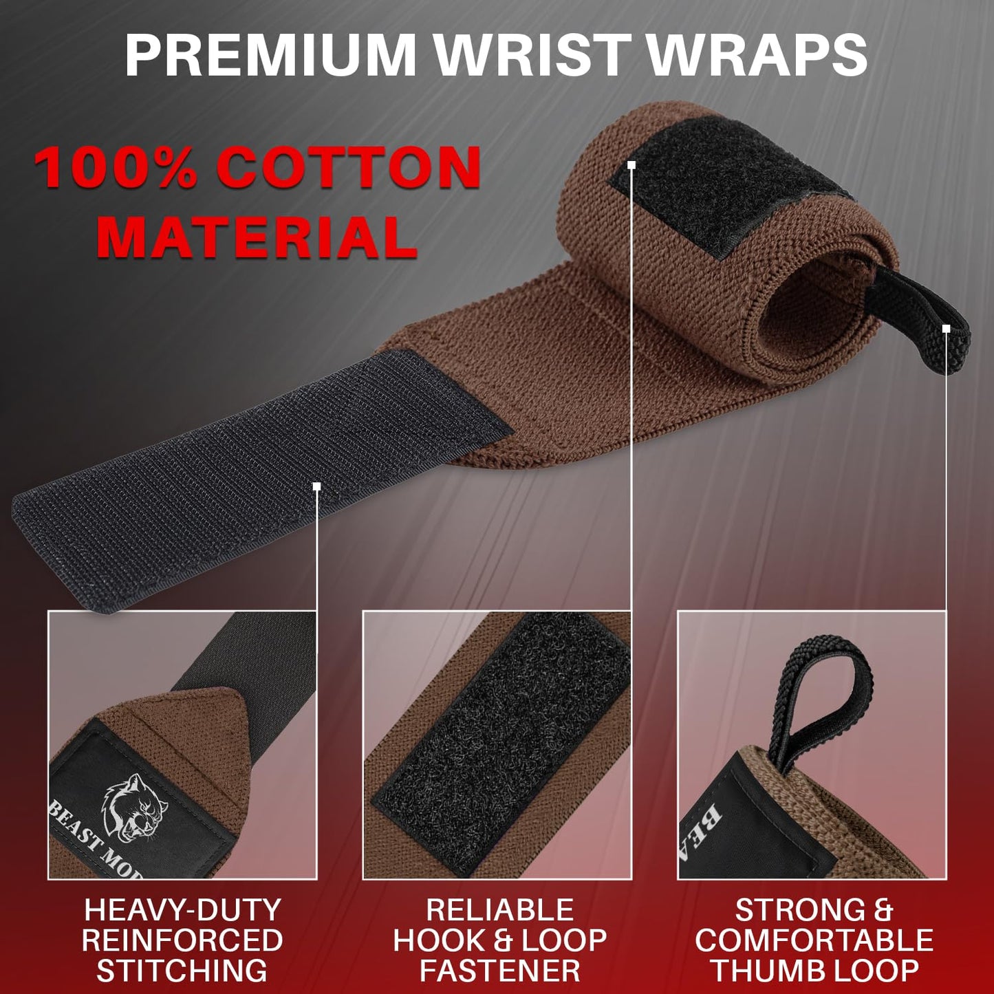 TECEUM Weightlifting Wrist Wraps with Thumb Loop – Brown – Beast Mode – 18 inch – Heavy-Duty Workout Wrist Support & Protection – Ideal for Powerlifting, Strength Training, Bodybuilding
