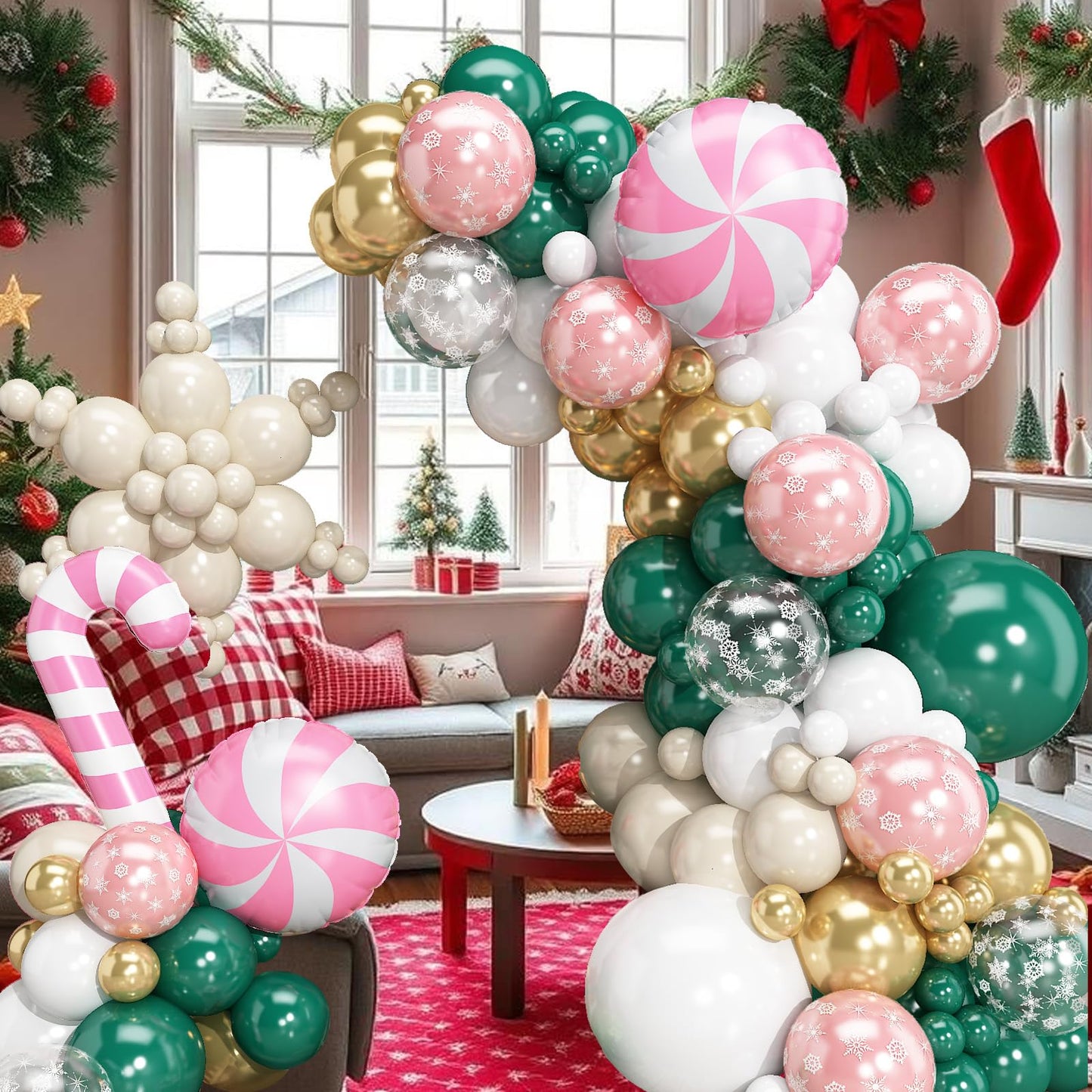 Froova Christmas Decorations Balloons Arch Kit 114Pcs Green White Apricot Transparent Snowflake Balloons Garland, Gingerbread Man Candy Cane Windmill Foil Balloon for Winter Holiday Xmas Supplies