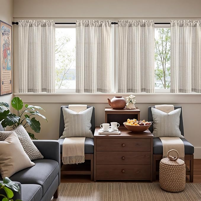 jinchan Striped Linen Kitchen Curtains 36 Inches Tier Curtains Farmhouse Modern Cafe Style Small Window Treatments Airy Light Filtering Rod Pocket for Living Room Bathroom 2 Panels Taupe Grey