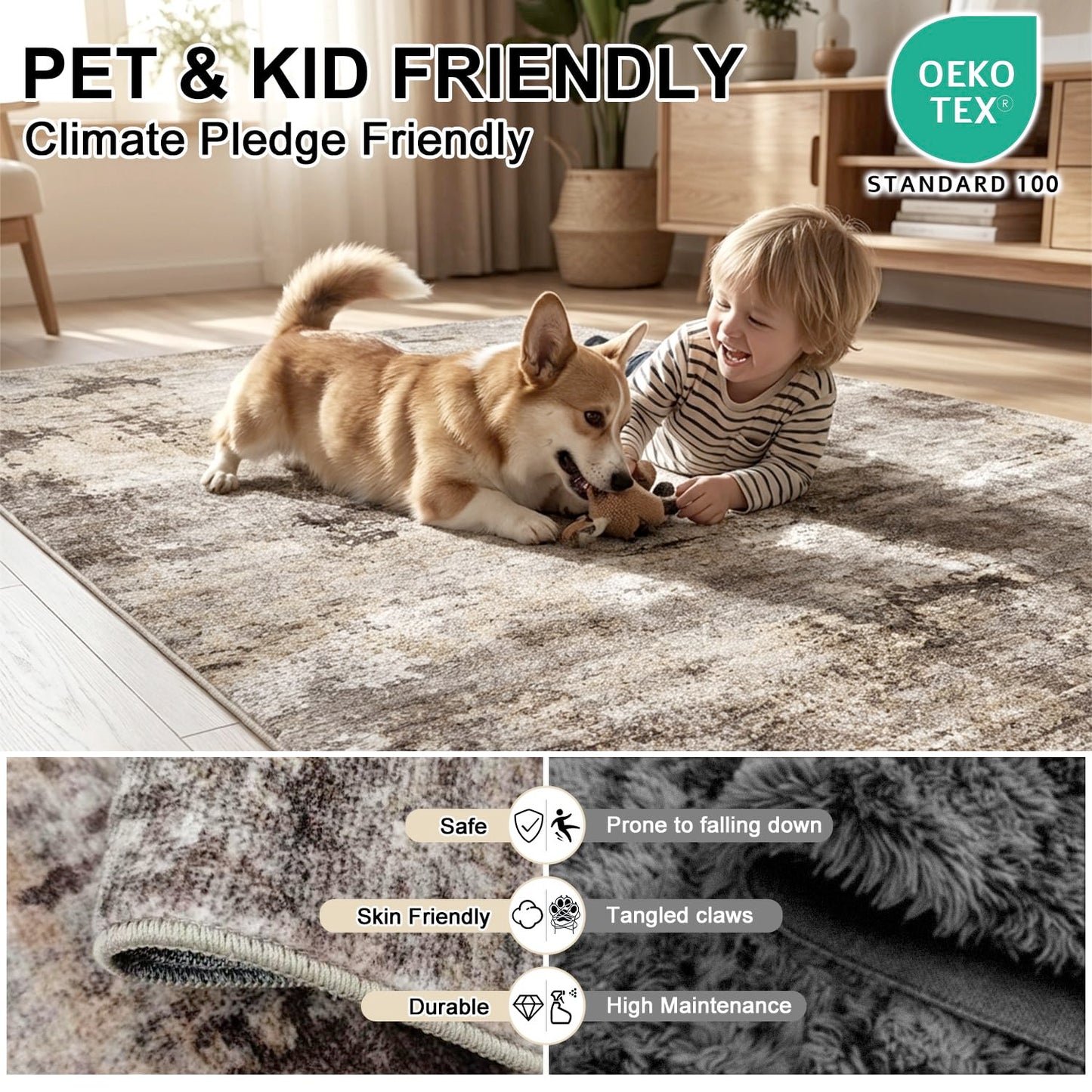 Cnythlis Washable Area Rug, Vacuum Friendly, Pet Friendly, Water & Stain Resistant, 0.3" Low Pile, Non-Slip Backing, for Hardwood Floors Living Room Bedroom Dining Room, 9'x12', Neutral Taupe