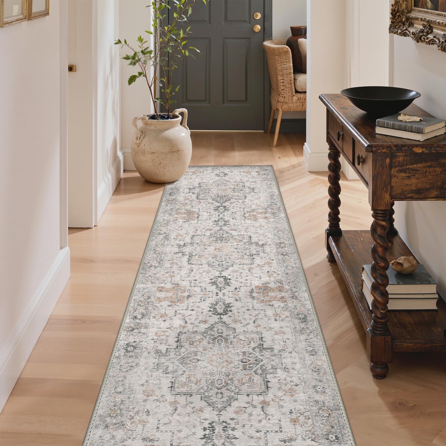GENIMO 2'6''X6 Runner Rug Non Slip, Machine Washable Hallway Runners, Low Plie & Thin Vintage Rug for Hallway, Kitchen, Laundry, Entryway, Bedroom & Living Room, Light Taupe Brown