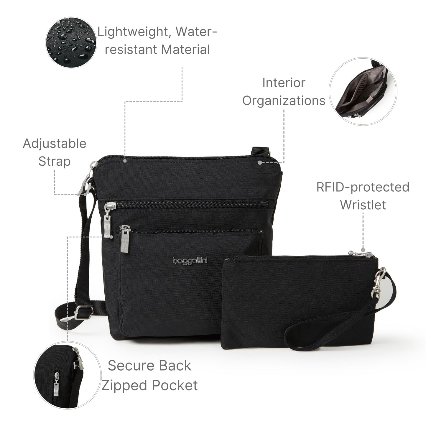 Baggallini Pocket Crossbody Bags for Women 8x8 Small Lightweight Durable Water-resistant Travel Purse W/Rfid