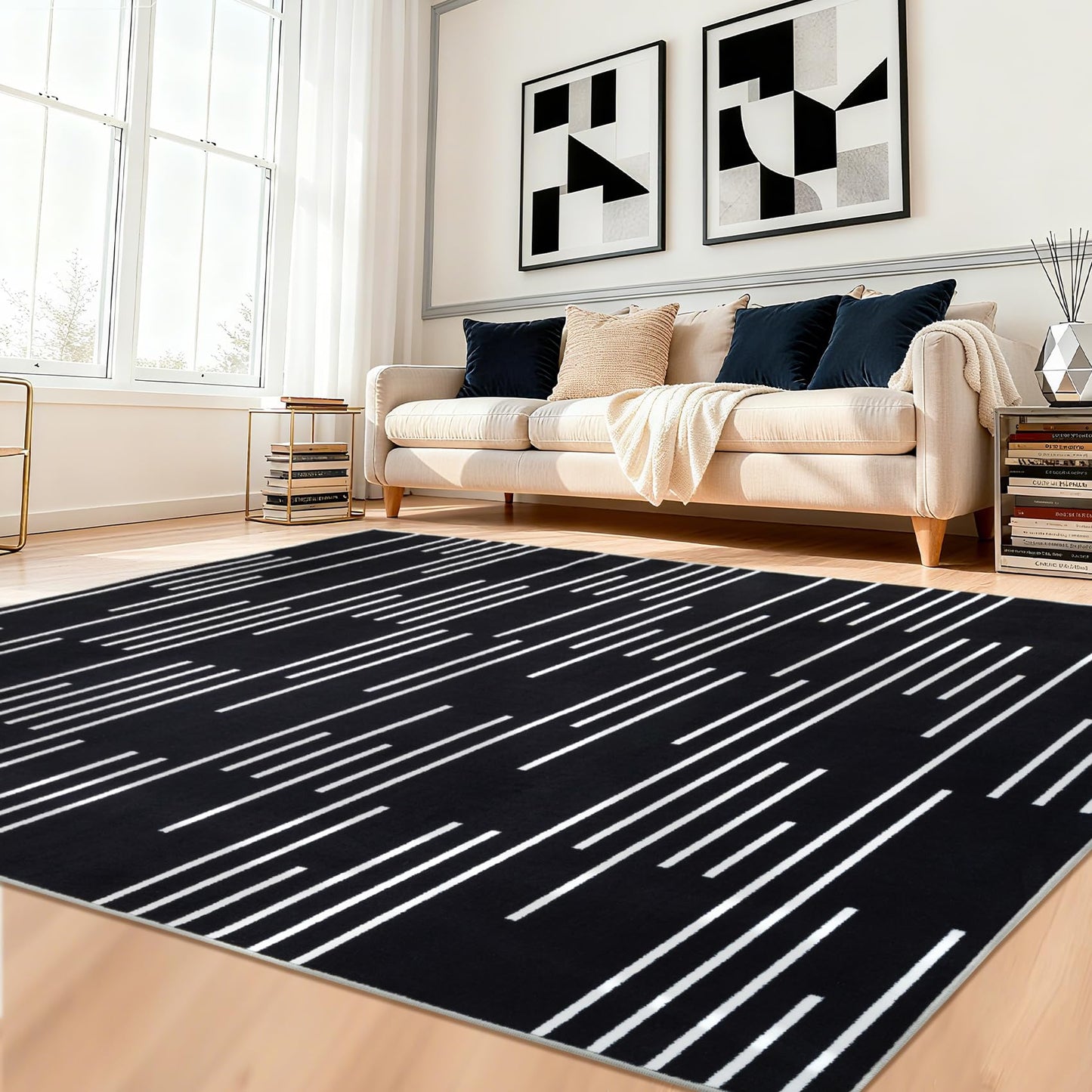 YIHOUSE Abstract Washable Rug 5x7,Ultra Thin Non Slip Black Rugs for Living Room,Modern Minimalist White Stripe Rugs for Bedroom,Dining Room Office Playroom (5'x7',Black-3)