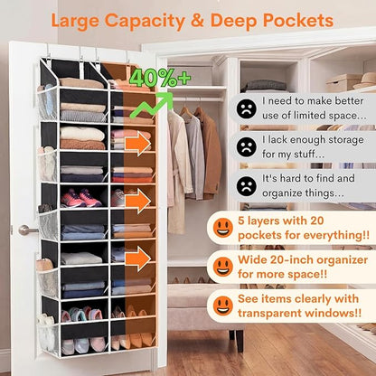 Over the Door Organizer 5 Tiers, Extra Large Behind Door Storage of 10