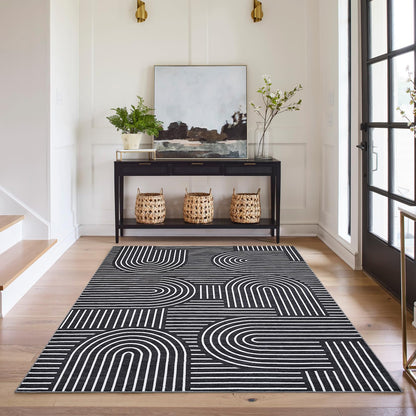 ROYHOME Washable Rug 5x7 Area Rugs for Living Room, Abstract Rug for Bedroom, Soft Rainbow Non Slip Throw Rugs with Rubber Back, Low Pile Stain Resistant Boho Geometric Carpet for Dining Room, Black