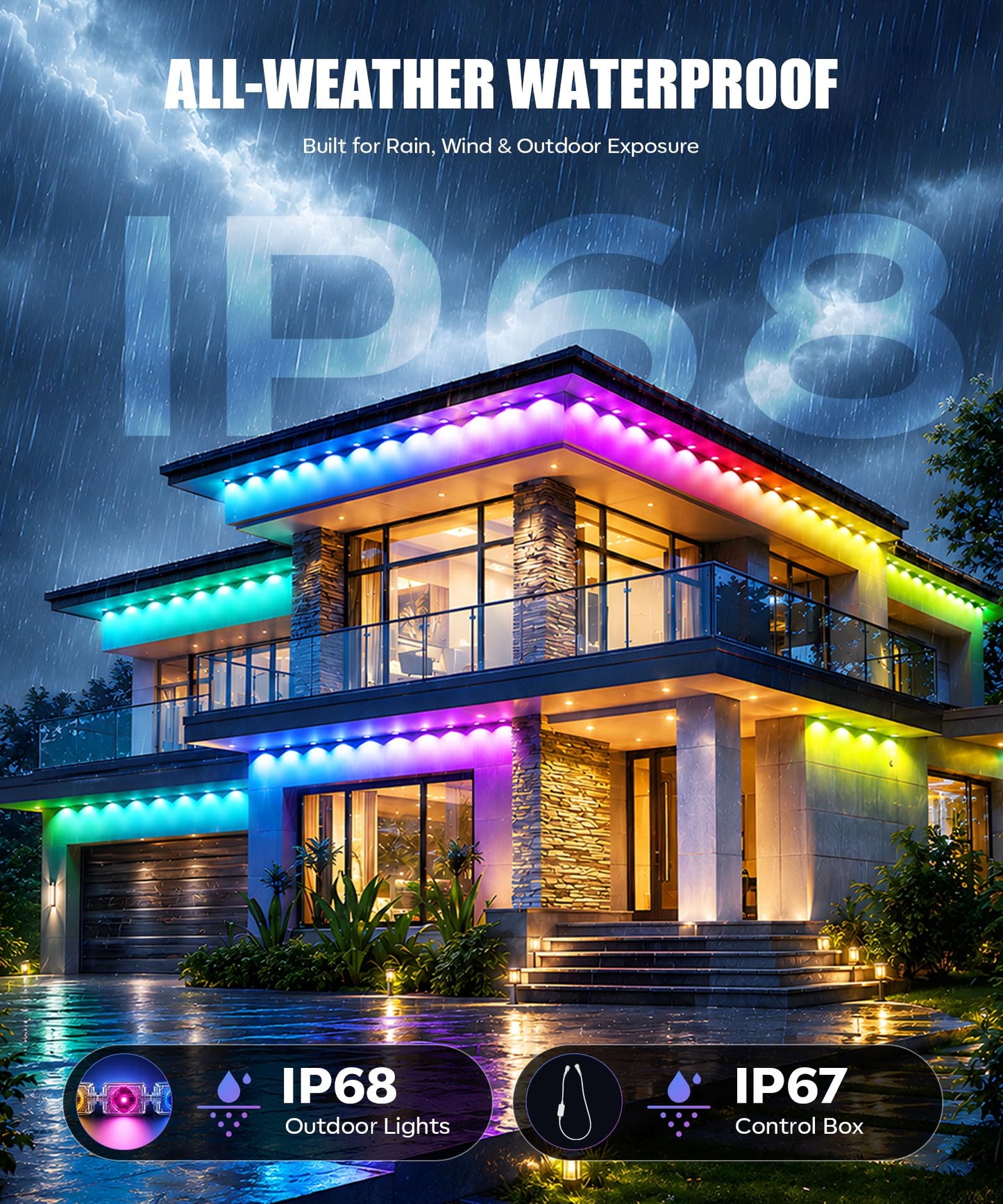 POOFZY Permanent Outdoor Lights 150FT, RGBIC Smart Outdoor Lights for House, App & Voice Control, Waterproof Outdoor Eave Lights for Christmas Holiday Patio Yard Decor