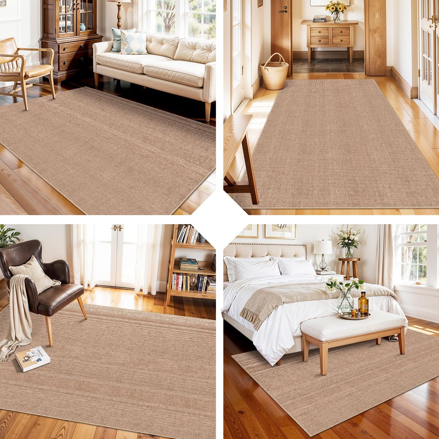 BYYVOO 4x6 Jute Area Rug Washable: Non-Slip Indoor Floor Mat - Carpet for Living Room Entryway Kitchen Dining Room - Thin Low Pile Rugs Braided Woven Durable Farmhouse Decor (Beige,4x6)