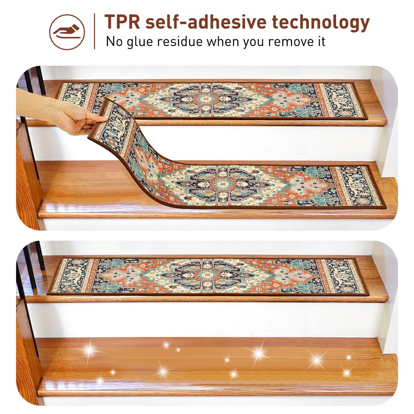 Stair Treads for Wooden Steps Indoor, 15 Pack 8" X 30" Non Slip Carpet Stair Treads with Reusable Adhesive for Kids Elders and Dogs, TPR Backing Stair Rugs Oriental Staircase Step Treads,Bohemia