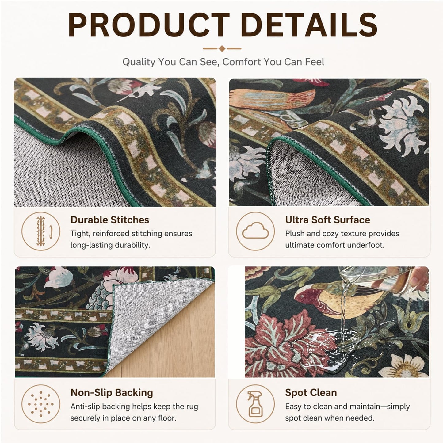 Helthep 5 * 7 Vintage Floral Bird Washable Green Area Rug for Living Room