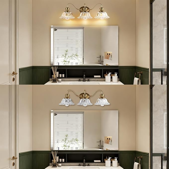3-Lights Bathroom Vanity Light, Gold Vintage Bathroom Light Fixtures, Matte Antique Brass Finish with Crystal Glass Shade, Wall Sconces Lighting for Living Room, Bedroom, Hallway（E26 Base）