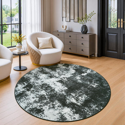 Merelax 4ft Round Black Abstract Area Rug, Washable Non Slip Circle Rug for Entryway, Kitchen, Bedroom, Bathroom, Nursery, Living Room, Thin Soft Circular Rugs Indoor Décor, Low Pile Carpet